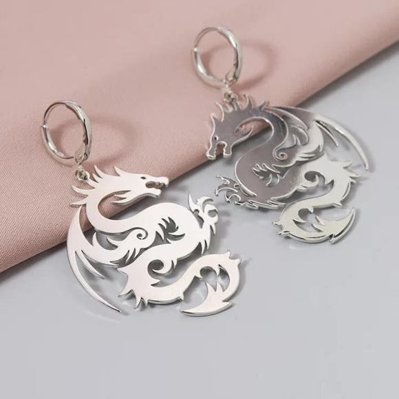 Big Dragon Metal Statement Drop and Dangle Earrings - Picture 4 of 4